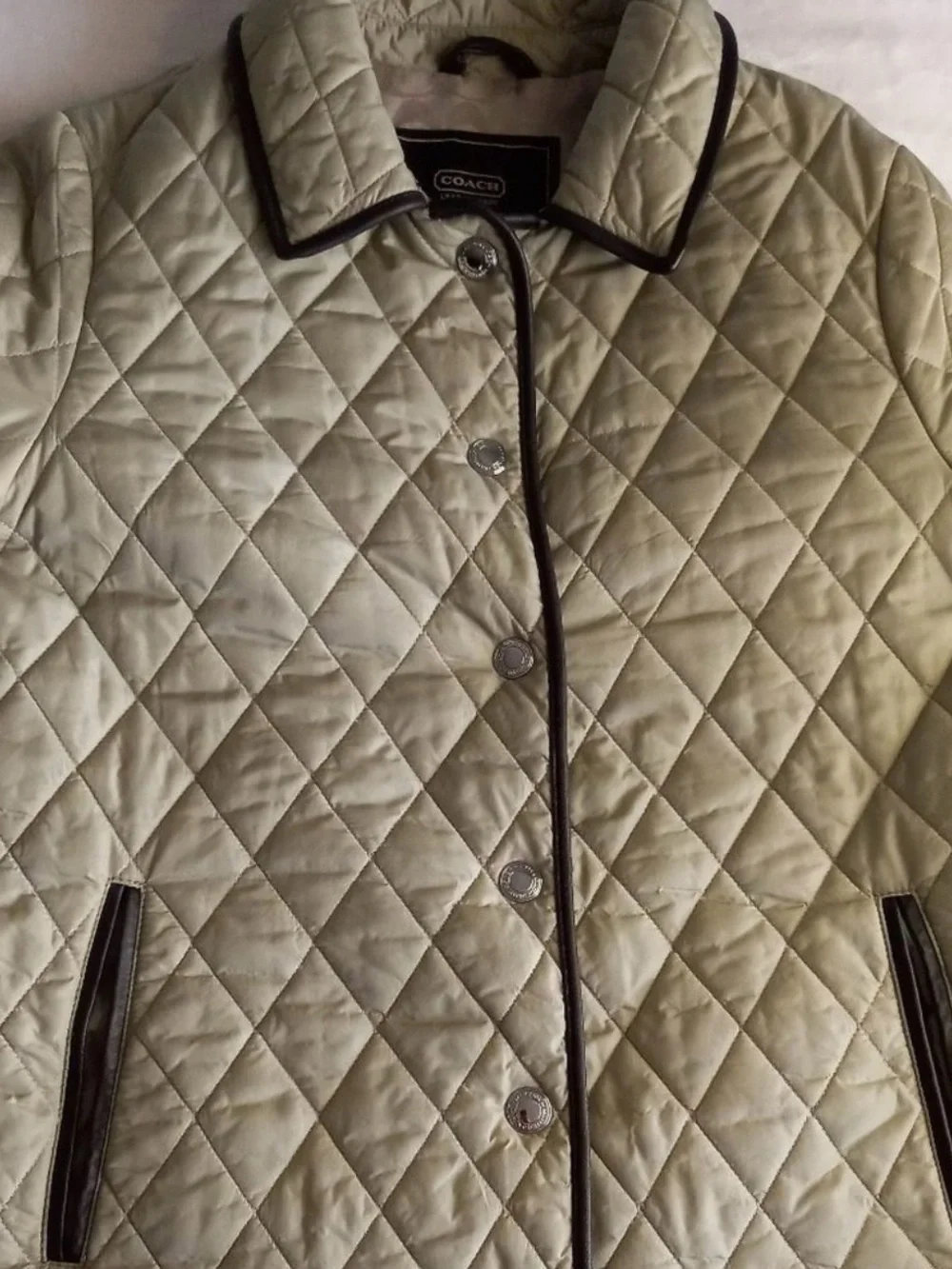 Coach Quilted Beige Puffer Jacket with Dark Brown Trim - Picture 8 of 15